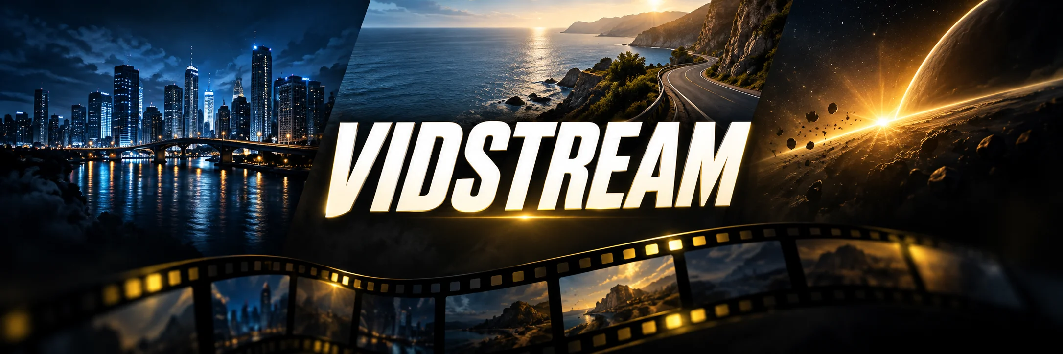 VIDSTREAM in bold white lettering over an original blue-city, coastal-road and golden-space cinema montage